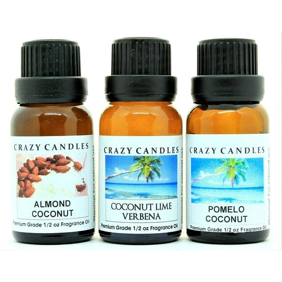 Crazy Candles 3 Bottles Set, 1 Almond Coconut, 1 Coconut Lime Verbena, 1 Pomelo Coconut 1/2 Fl Oz Each (15ml) Premium Grade Scented Fragrance Oils
