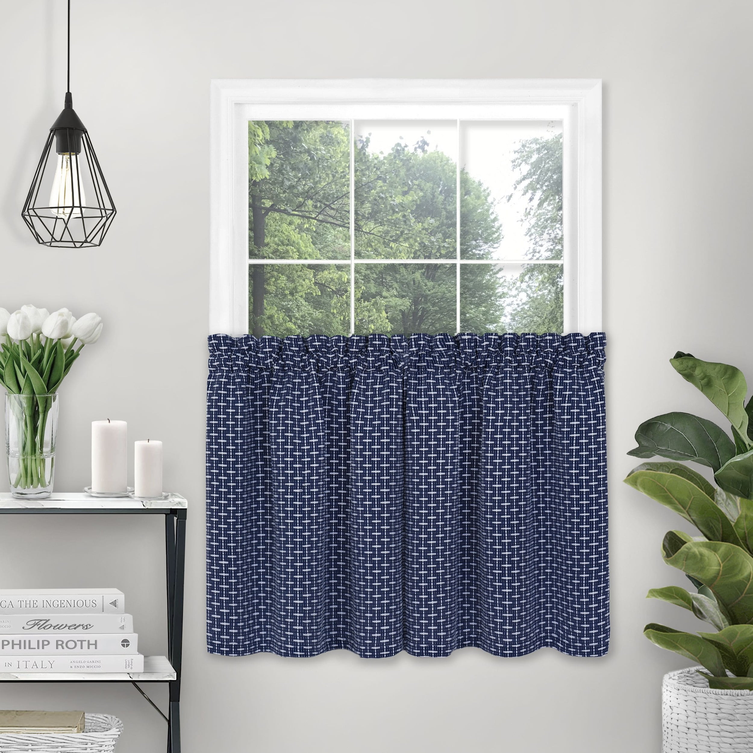 Achim Bedford Rod Pocket Light Filtering Curtain Tier Pair, Navy, 58" x 24"