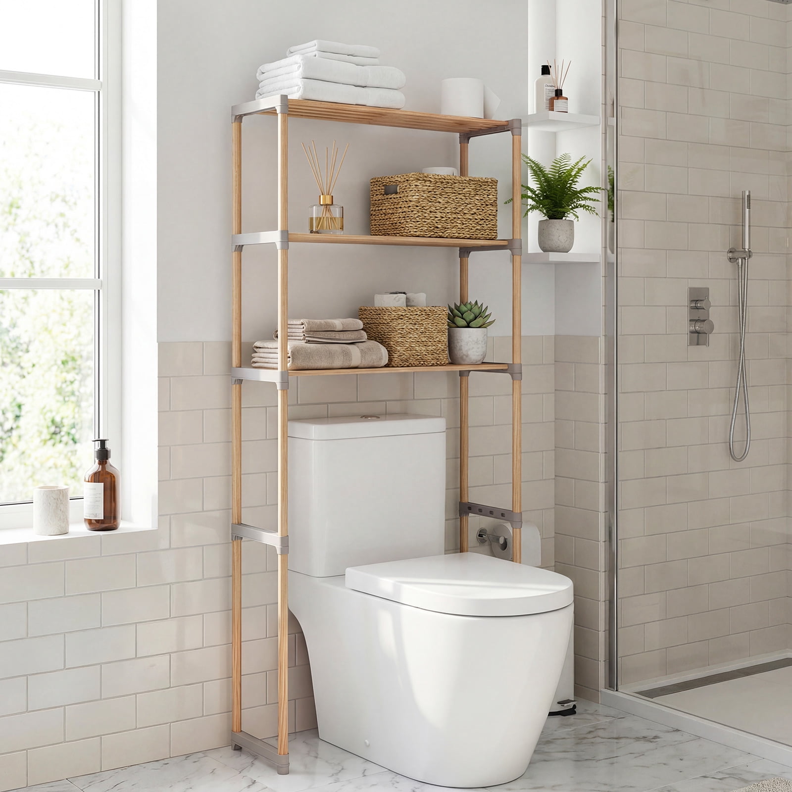 Gymax Over The Toilet Storage Rack 3-Tier Pine Wood Bathroom Organizer w/ Open Shelves