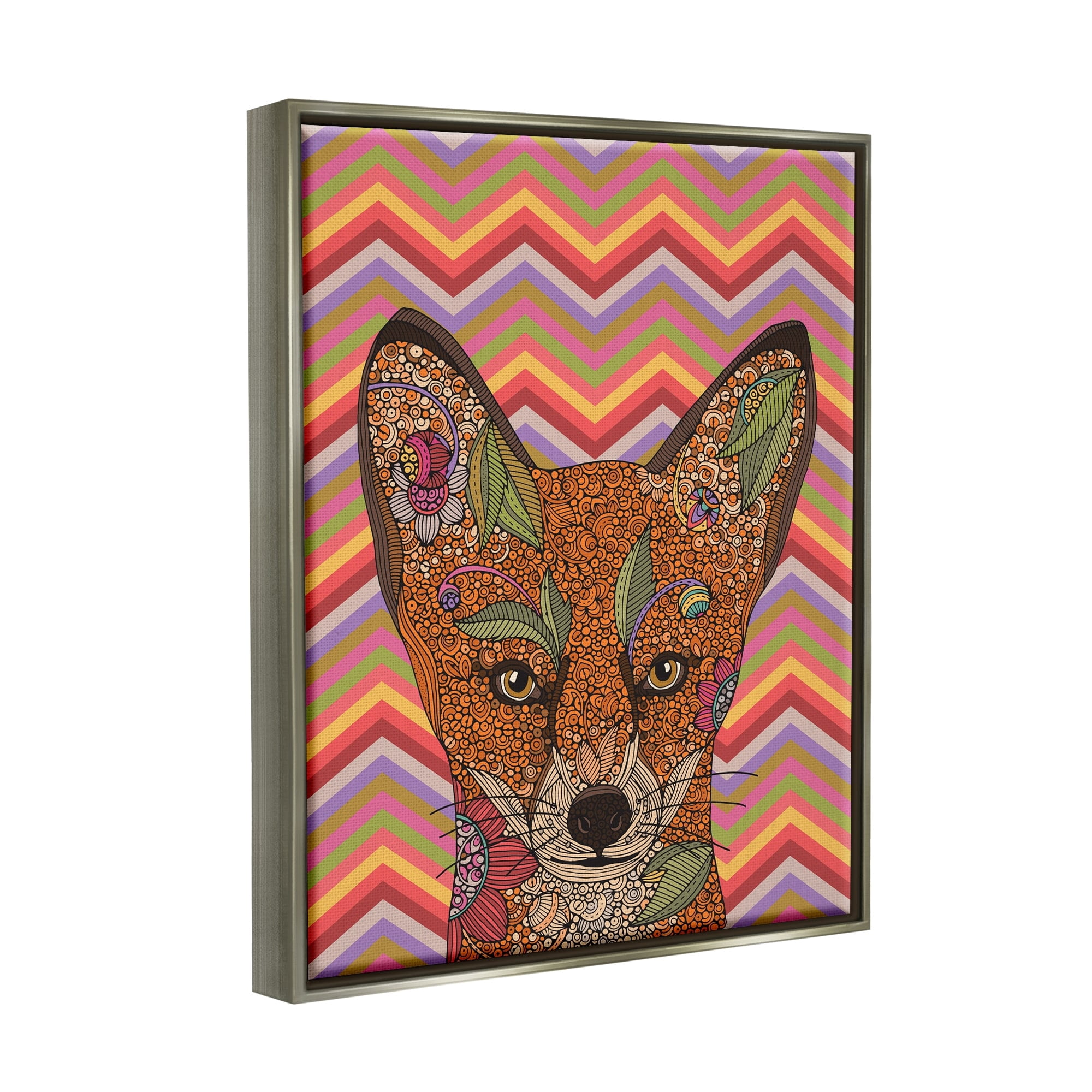 Stupell Industries Detailed Fox Retro Zig Zag Pattern Mandala Fractals Graphic Art Luster Gray Floating Framed Canvas Print Wall Art, Design by Valentina Harper