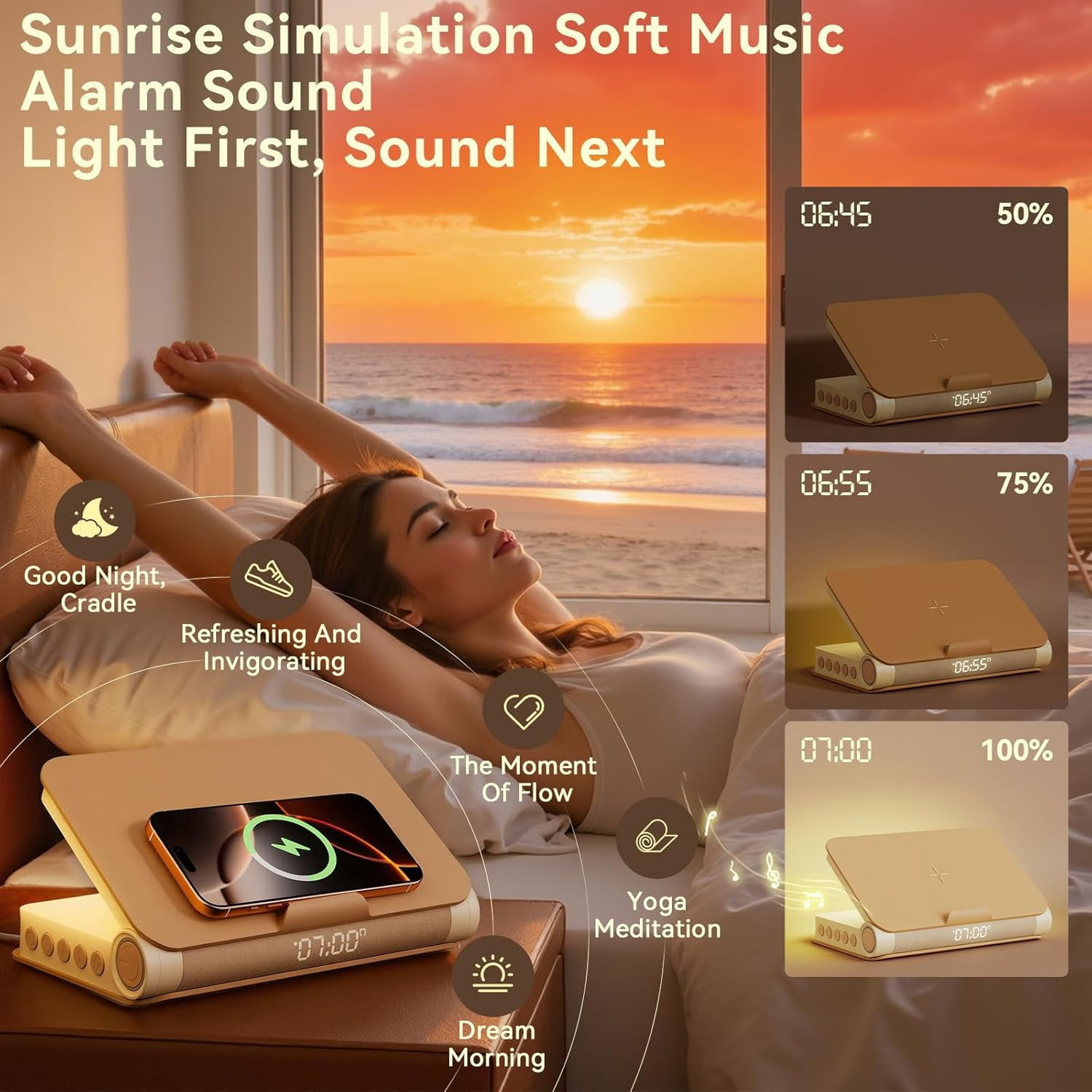 Sunrise Alarm Clock with Bluetooth Speaker, White Noise, Dimmable Lamp & Wireless Charging, Wood Grain Book Style