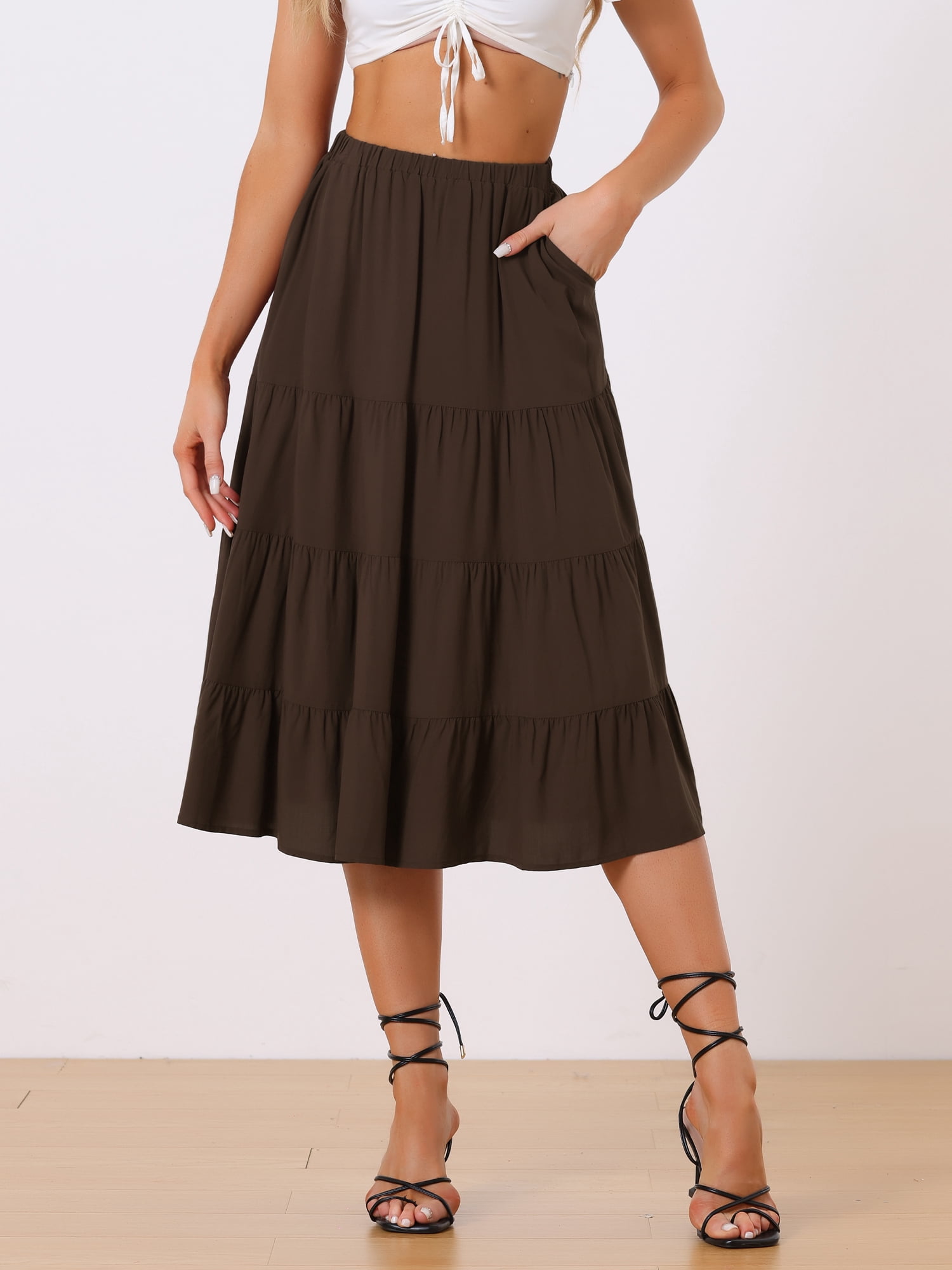 DARING DIVA Women's Flare Tiered Pleated Solid Elastic Waist A-Line Skirt S Brown
