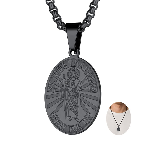 FaithHeart Saint Jude Thaddaeus Necklace for Men Women Stainless Steel Black Patron Judas Medal Pendant Jewelry Traveler Blessings Jewelry Gift for Son Boyfriend Birthday Valentine's Day