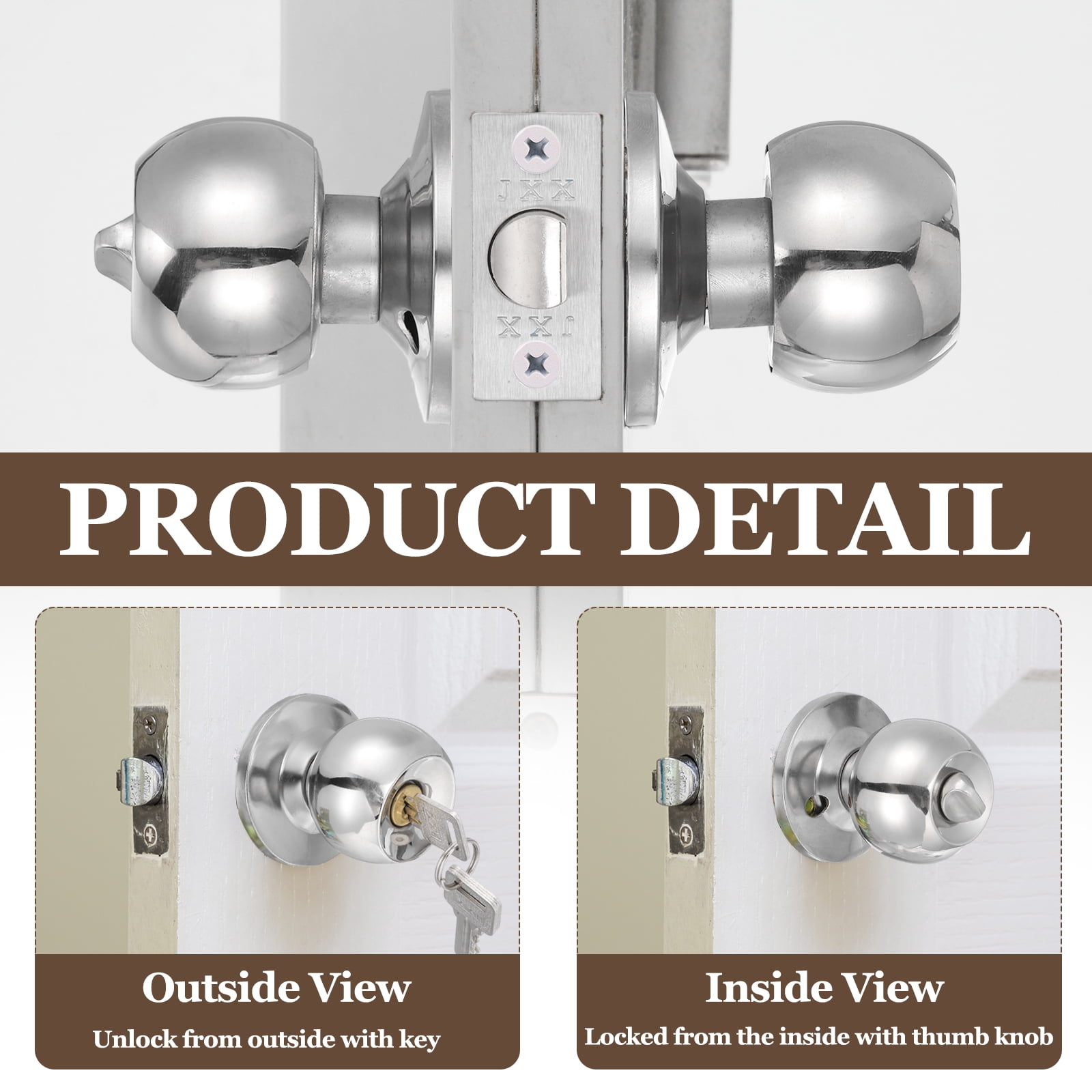 Door Knob with Lock and Key, Round Handles Keyed Exterior and Interior Lock with Screws, Fits 1.77"-2.56" Thickness for Front Door Entry Door, Silver Tone