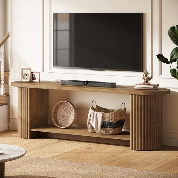 Finmind 63" Fluted TV Stand for 50/55/65/75-inch TV, Farmhouse Entertainment Center with Storage Shelf, for Living Room, Bedroom, Brown