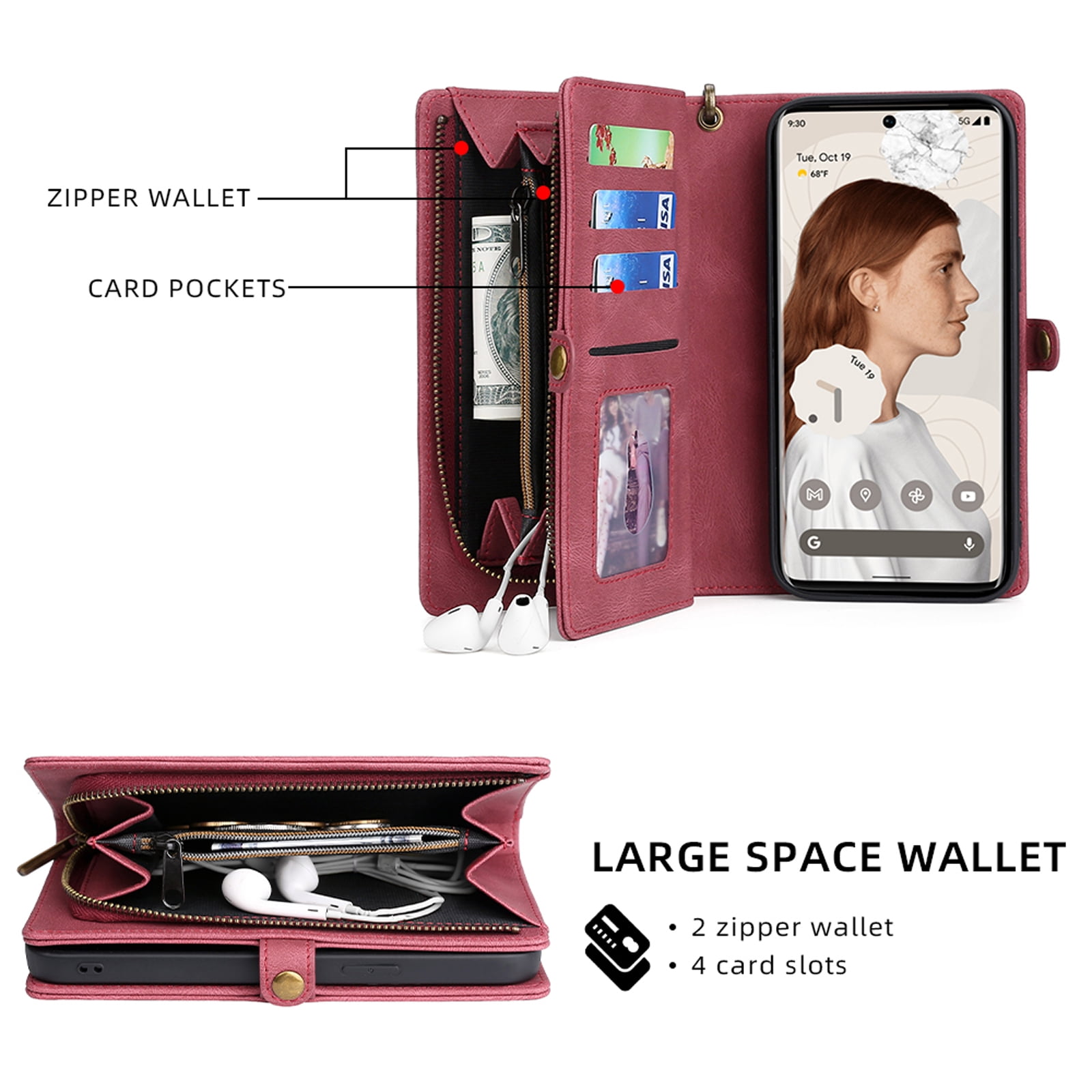 Defencase for Google Pixel 7 Pro Case for Women Men, Removable Durable PU Leather Magnetic Flip Strap Wristlet Zipper Purse Card Holder Detachable Wallet Phone Cases for Google Pixel 7 Pro, Red