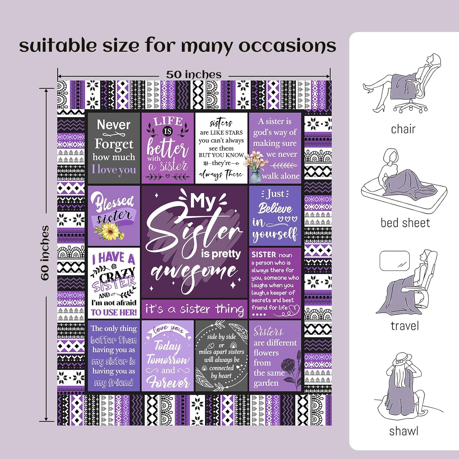 Sister Gifts Blanket Happy Birthday Gifts for Sister Unique Gift for My Dear Sis on Mothers Day Christmas Soft Throw Blanket 60" x 50 (Purple)