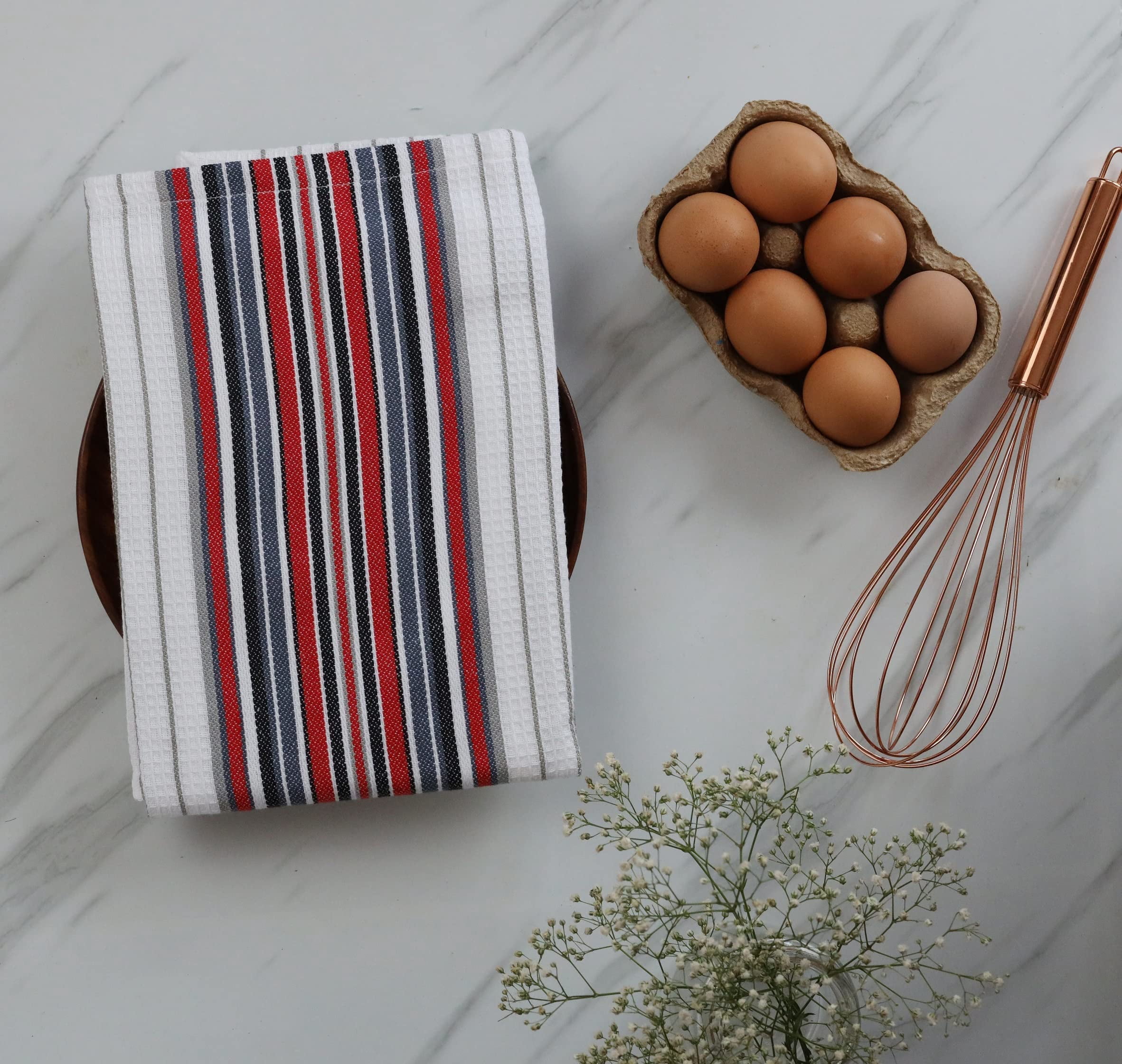 Urban Villa Kitchen Towels,, Cotton Dish Towels,Mitered Corners,Ultra Soft (Size: 20X30 in), White Waffle Stripes, Absorbent Bar Towels & Tea Towels - (Set of 6)
