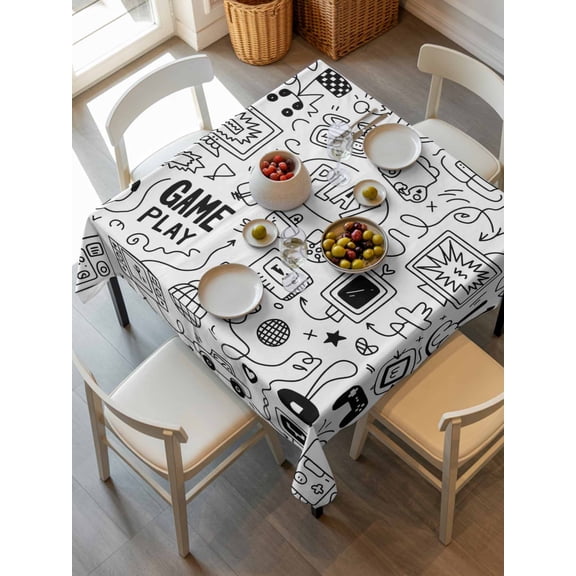 Video Game Tablecloth Square Table Cloth 60x60 ,Waterproof Outdoor Table Cloth Covers Decorative Table Protector ,Black White Game Controller Monochrome Washable Table Cover for Kitchen Dinning Party