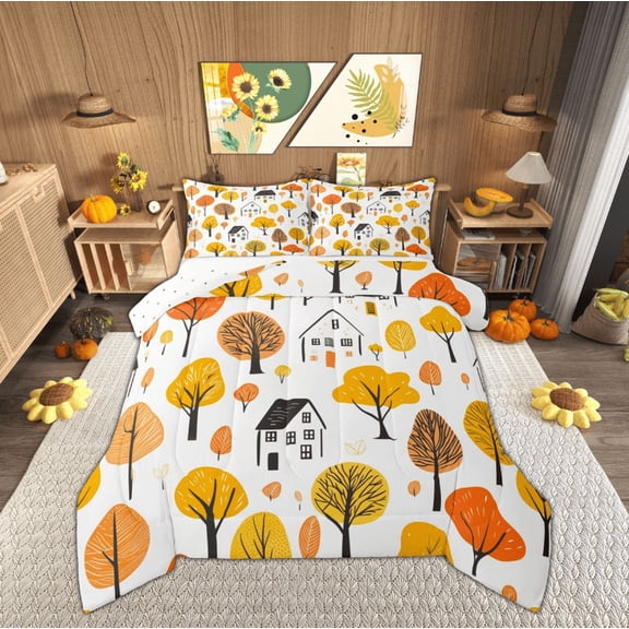 Feelyou Fall Autumn Adult 01, Orange Maple Tree Twin Comforter Sets, Rustic Cabin House Reversible Bedding Set, Lightweight Room Decor,2 Pieces