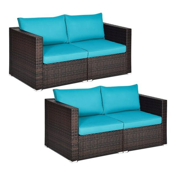 Pemberly Row 4 Pieces Rattan Patio Corner Sofa Sectional with Cushion in Blue