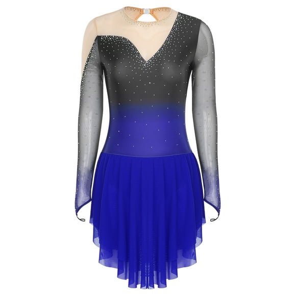 HULIJA Figure Skating Dress For Women's Girls Mesh Patchwork Competition Ice Skating Dress Sparkly Skating Wear Royal Blue S