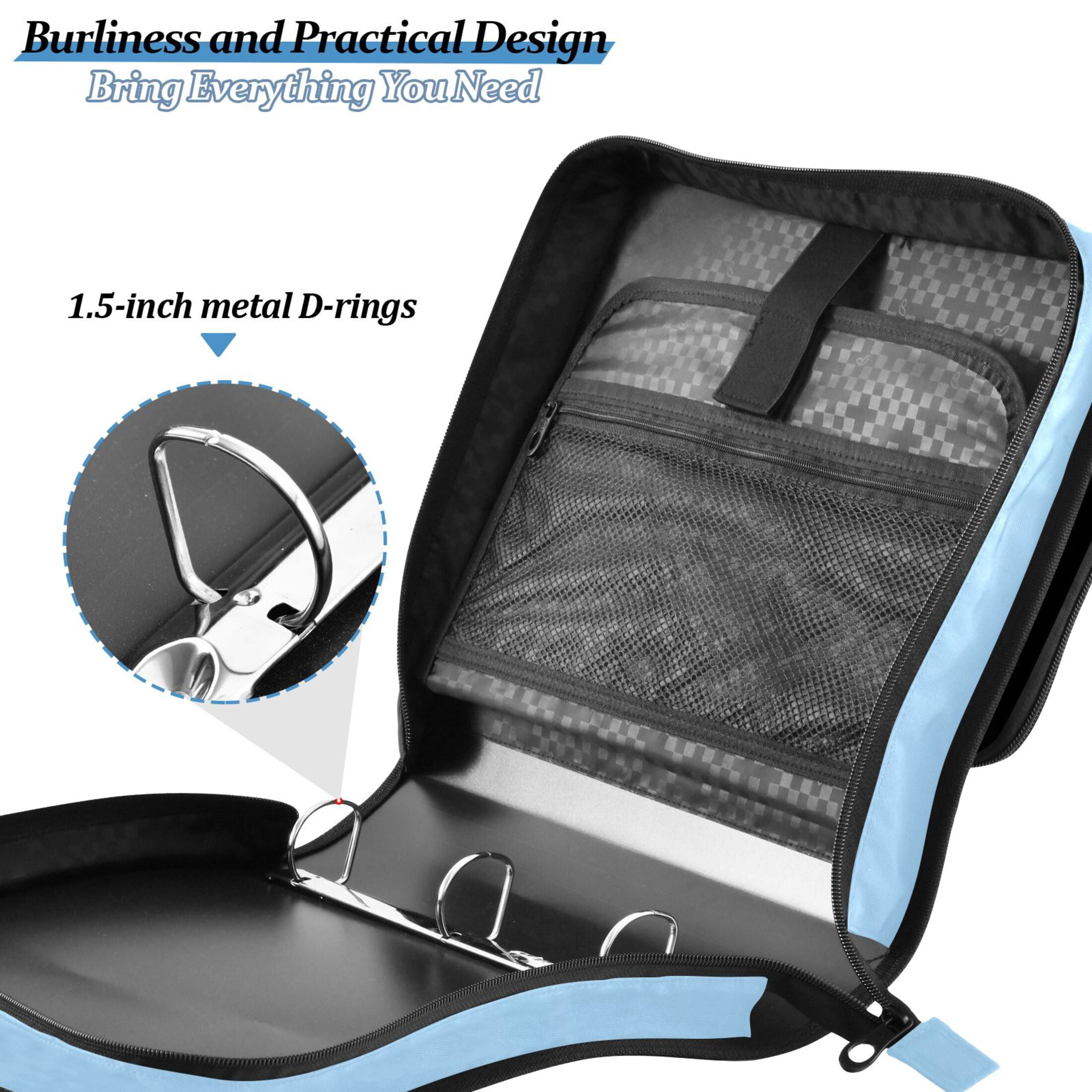 3 Ring Zipper Binder with Shoulder Strap Waterproof Trapper Keeper 2 Inch D-Ring 500 Sheets Capacity Light Sky Blue