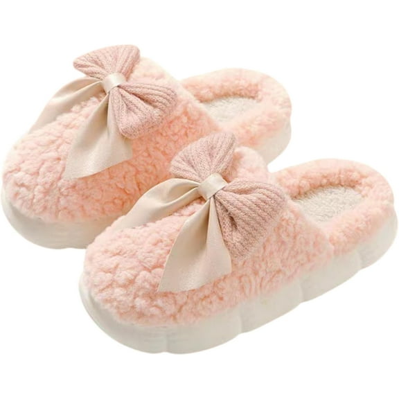 Women's Plush Bow Slippers - Furry Anti-Slip House Shoes for Indoor & Outdoor Comfort
