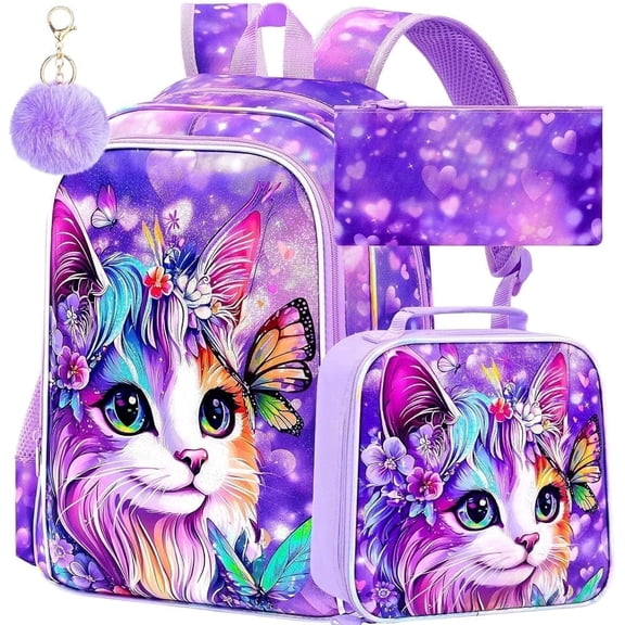 3PCS Cat Backpack Set for Girls, 16" Bookbag with Lunch Box, School Backpack for Preschool Kindergarten Elementary (Purple)