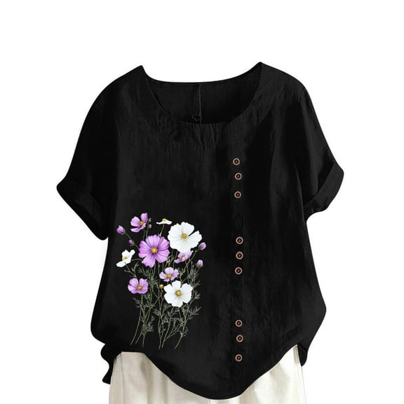 Womens Plus Size Blouses Crew Neck Cute Cotton Linen Short Sleeve Button Down Tops Oversized Tees Plus Size 6X Casual Basic Tees Loose Fit Blouses Summer Tops Cute Outfits Sudaderas Para Mujer XXXXL