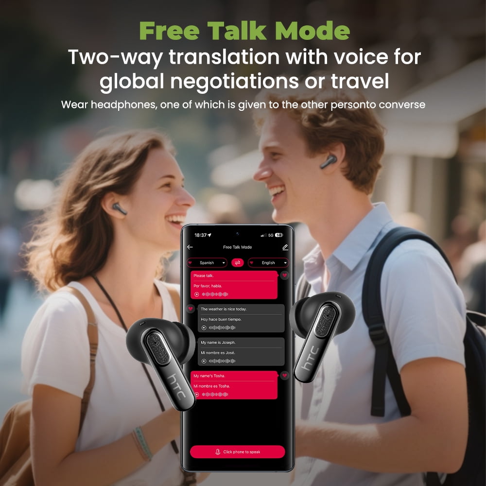 HTC NE60 Wireless Bluetooth 6.0 Open In-Ear Earbuds, AI Translator, Noise-Cancelling Headphones, 130+ Languages, 30H,Beige + Ear Case