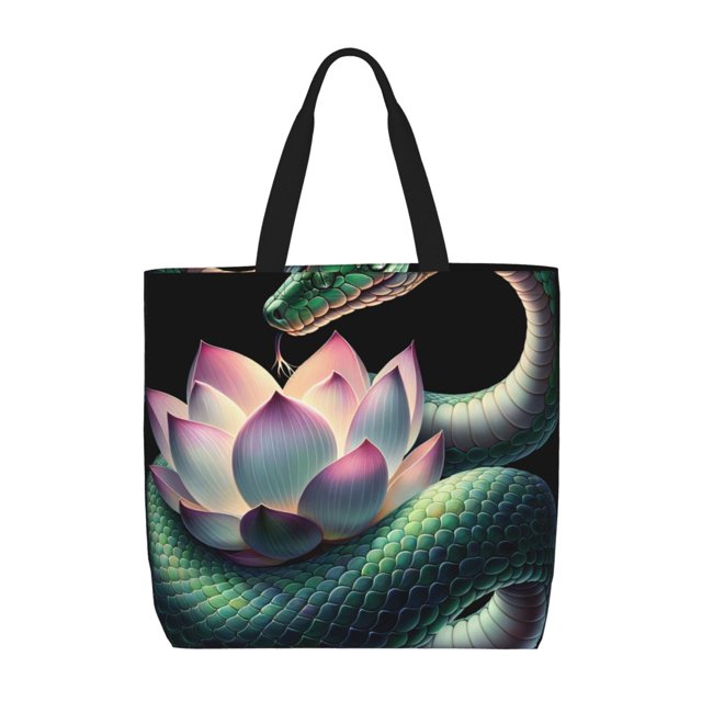 Fotbe Snake Holding A Lotus Bolsa Tote con Estampado para Mujer, Bolsos con Cremallera, Bolsa de Hombro Casual de Gran Capacidad con Bolsillos Internos