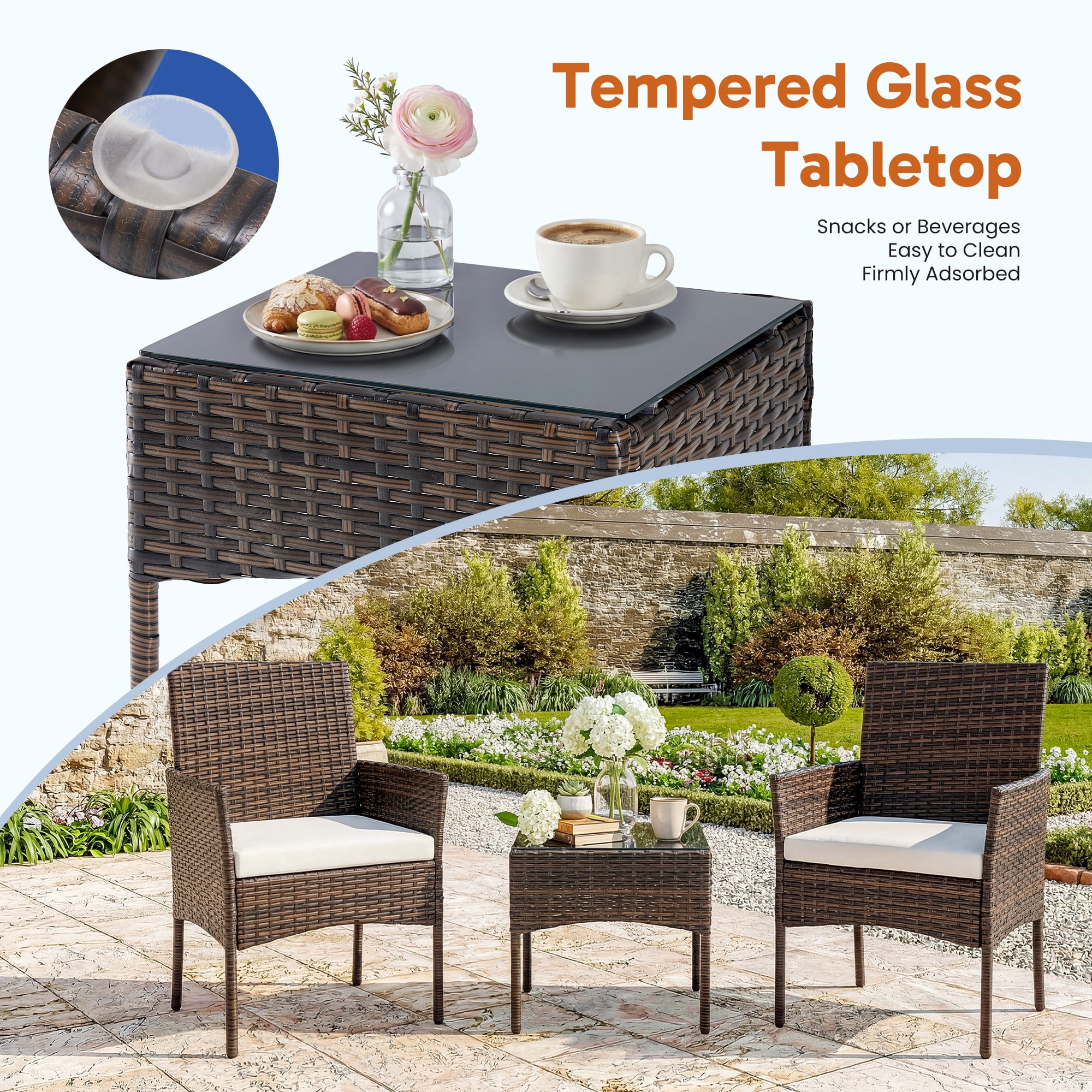 EDX 3-Piece Patio Conversation Set, All-Weather PE Rattan Outdoor Furniture with Wicker Chairs, Tempered Glass Table, Washable Cushions, Brown/Beige