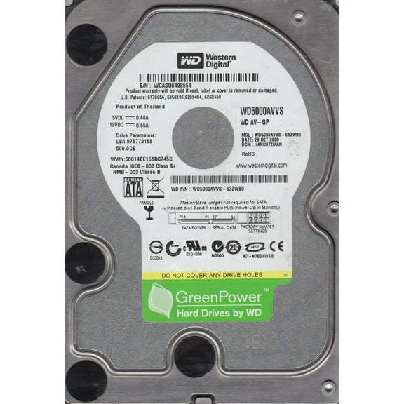 WD5000AVVS-63ZWB0, DCM HANCHT2MAN, Western Digital 500GB SATA 3.5 Hard Drive