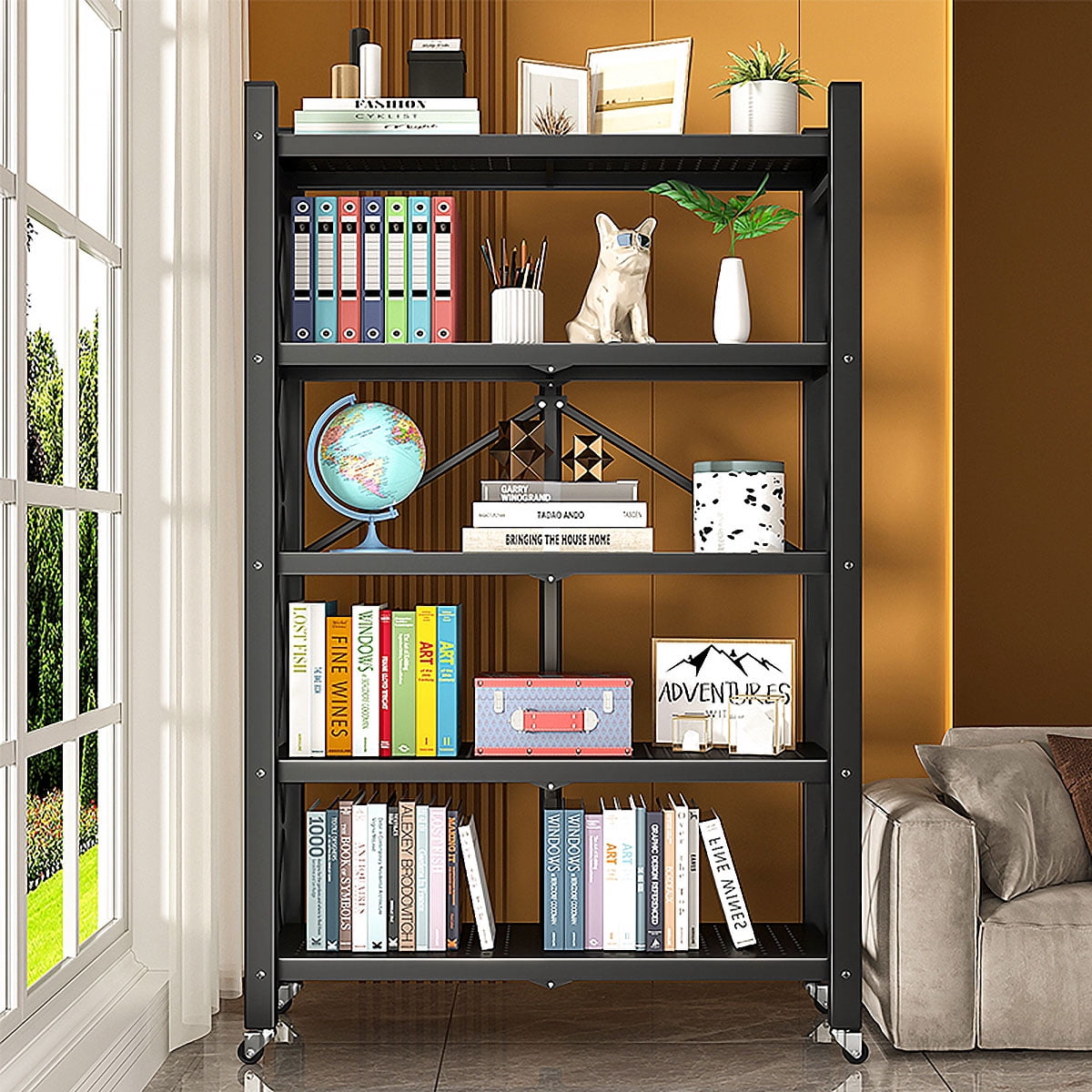 Joybos 5-Shelf Heavy Duty Metal  Storage Shelves with Wheels and Privacy Curtains, No Assembly Organizer Wire Shelf Rack for Kitchen, Basement, Pantry