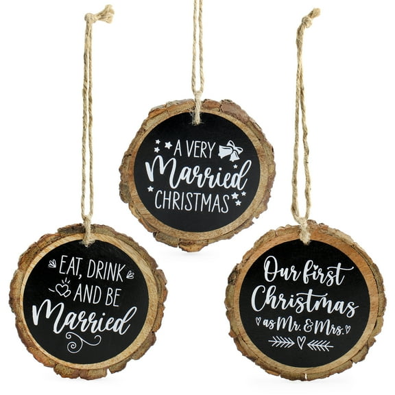 AuldHome Design First Married Christmas Ornaments (Set of 3); Wood Slice Chalkboard Style Rustic Holiday Decorations for Newlyweds and Wedding Gifts
