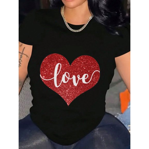 Glitter Red Heart Love Valentine's Day Graphic Women Short Sleeve T-Shirt