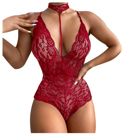 

Knosfe Women s Lingerie See Through Halter Teddy Babydoll Deep V Sexy Lace Bodysuit Wine Red 2XL