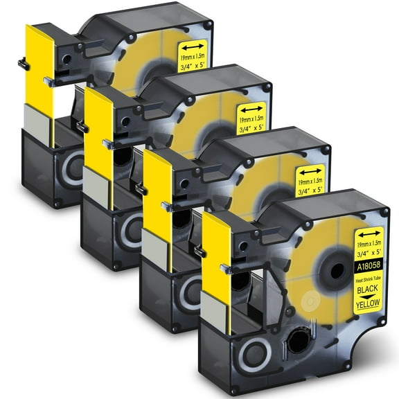 GREENCYCLE 4PK Industrial Rhino Heat Shrink Tubes Compatible for DYMO 18058 19mm 3/4" Black on Yellow Cable Label Tape