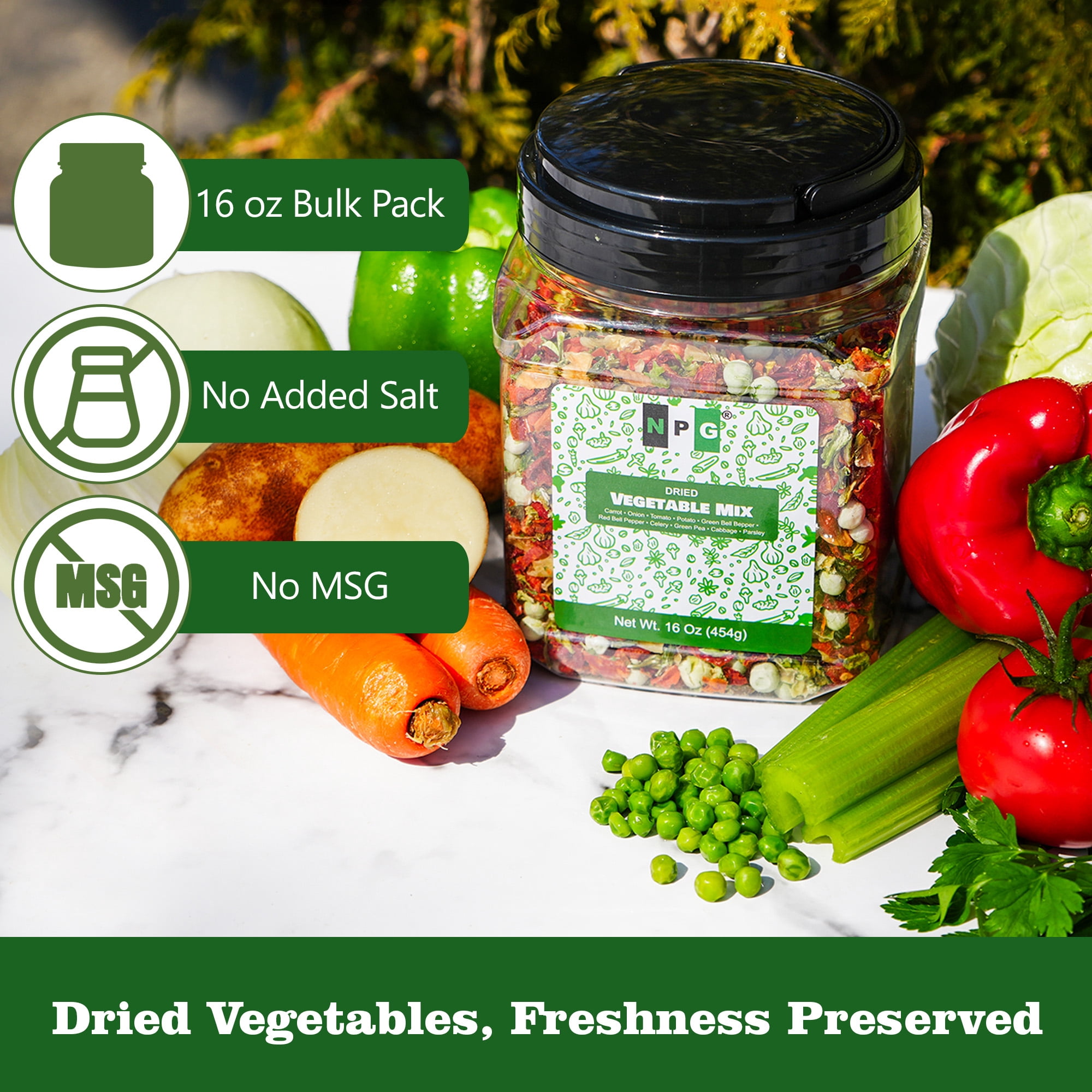 NPG Dried Vegetable Mix 16 oz (1 LB), Dehydrated Veggies for Soup, Ramen, Stir Fry & Cooking, Carrots, Onions, Tomatoes, Potatoes, Bell Peppers, Celery, Peas, Cabbage & Parsley