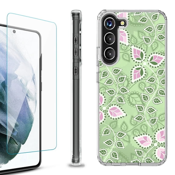 Shockproof Bumper Phone Case for Samsung Galaxy S23 5G, with Tempered Glass Screen Protector, by OneToughShield ® - Leaf Pink Green