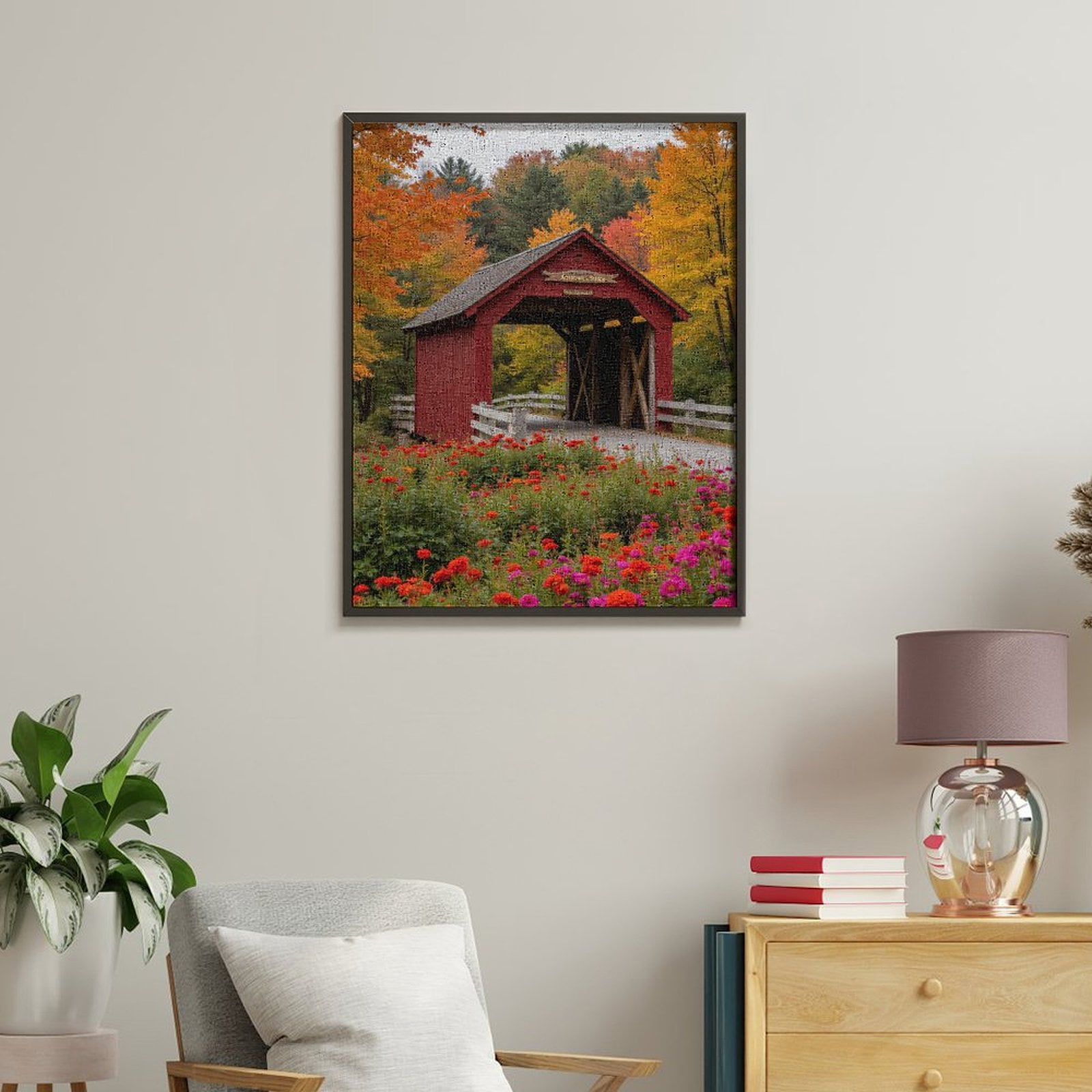 Paint by Numbers Kit for Adults, Red Autumn Covered Bridge Flowers Paint by Numbers, Easy Paint by Numbers Kit for Adults Beginner, DIY Adult Paint by Number Kits on Canvas, Home Decor