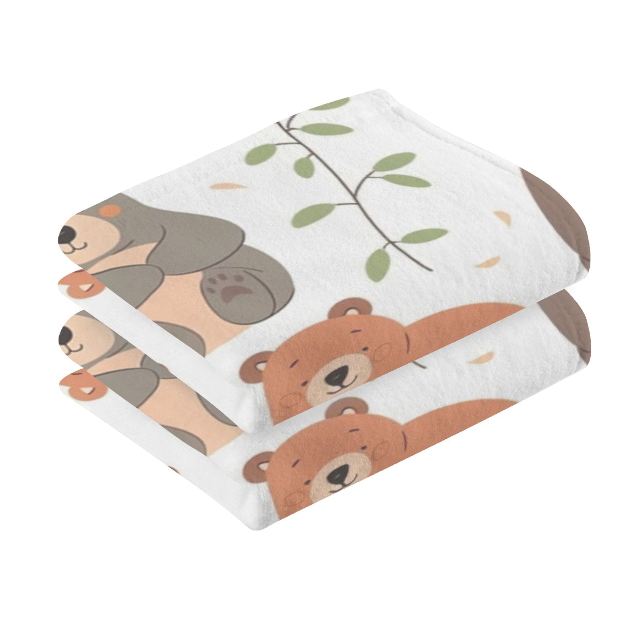 Cotton Bath Towels Soft Face Towel Absorbent Quick Dry Cute Bears with Leaf 16"x28" 2 Pack