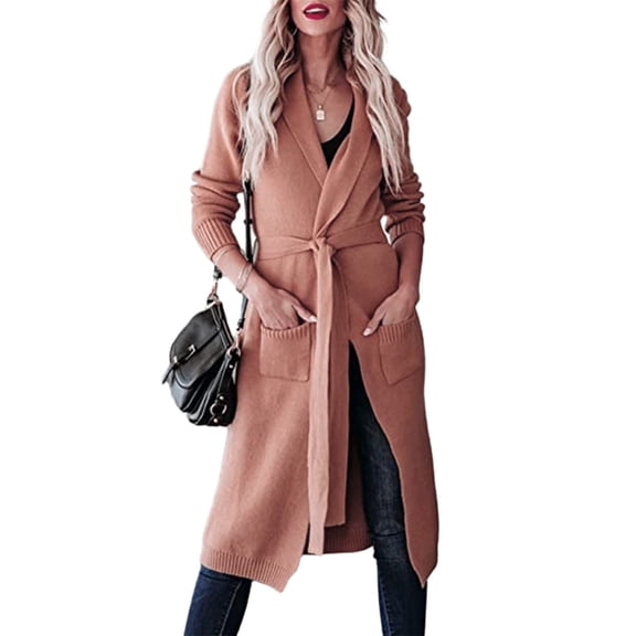Womens Long Cardigans Cable Knitted Open Front Oversized Belted Solid Color Outerwear Sweater Coat Knitwear