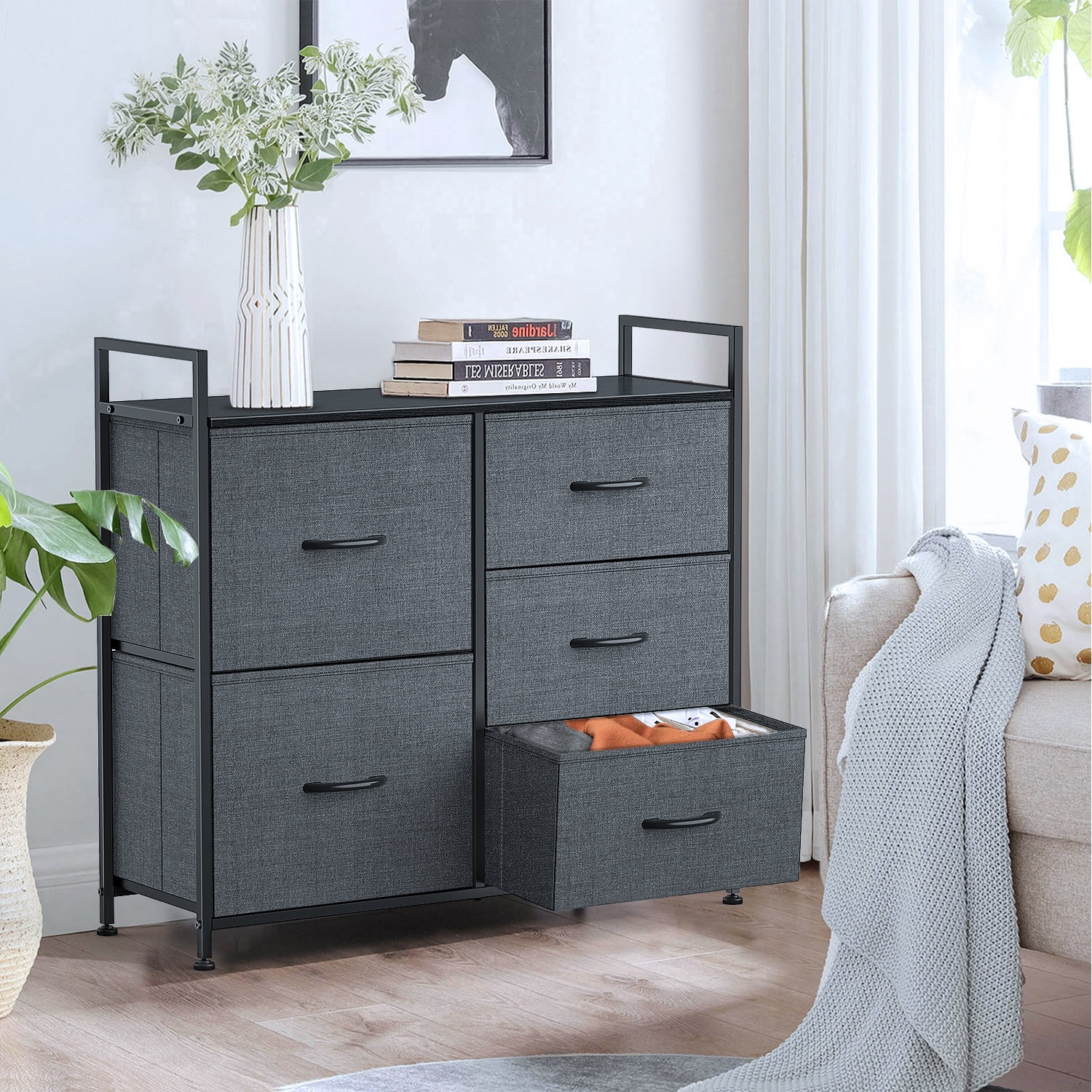 5-Drawer Plastic Storage Tower Organizer with Fabric Bins & Sturdy Metal Frame - Compact Space-Saving Design for Bedroom, Closet, Living Room