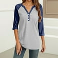 thumbnail image 4 of WTOBBY Women's V-Neck Raglan Sleeve Colorblock Blouse with 3/4 Sleeve, Casual Button Detail Top for Fall Season, Comfortable Fashion Apparel,Dark Blue 2XL, 4 of 4