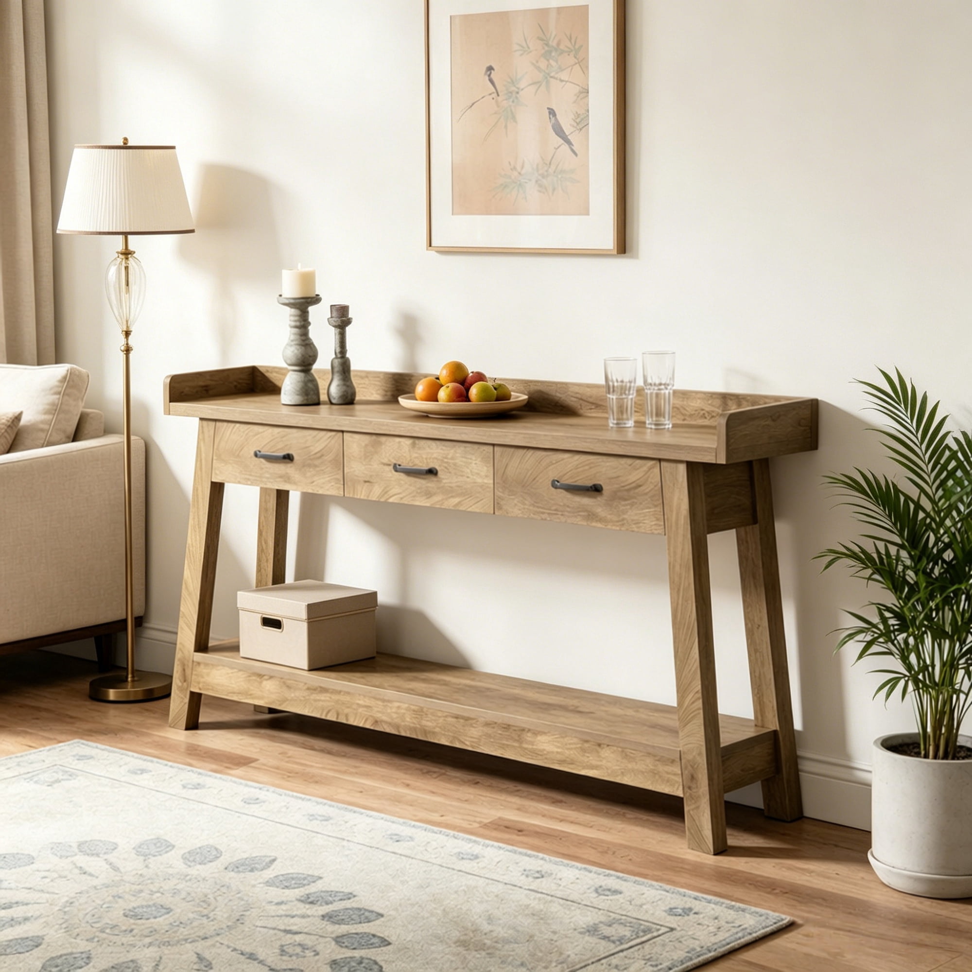 Long Console Table, 75.79 in, 3 Drawers, Raised Edge, Farmhouse Style