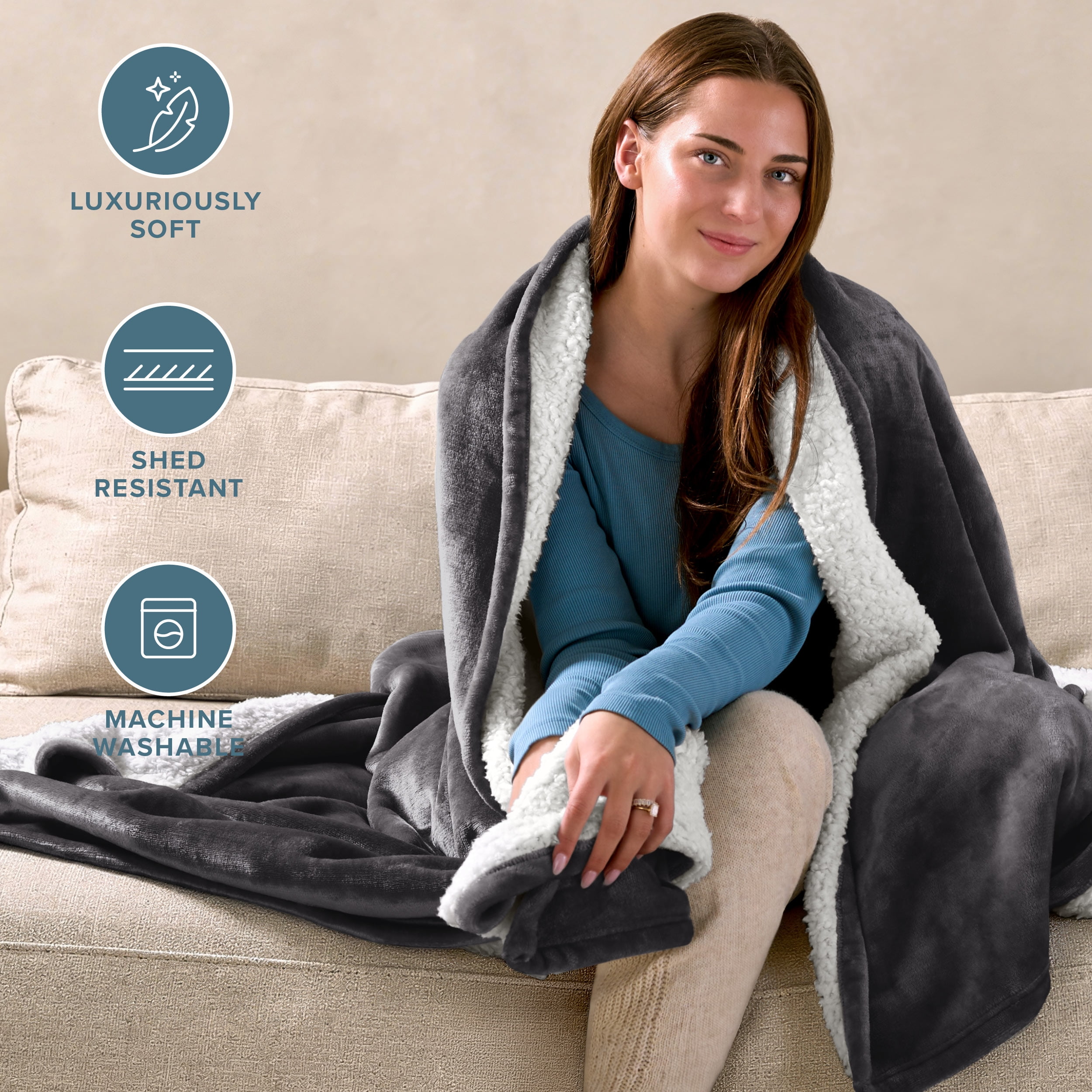 Bare Home Plush Sherpa Bed Blanket - Fluffy & Soft - Reversible - Lightweight - Full/Queen, Forged Iron Gray