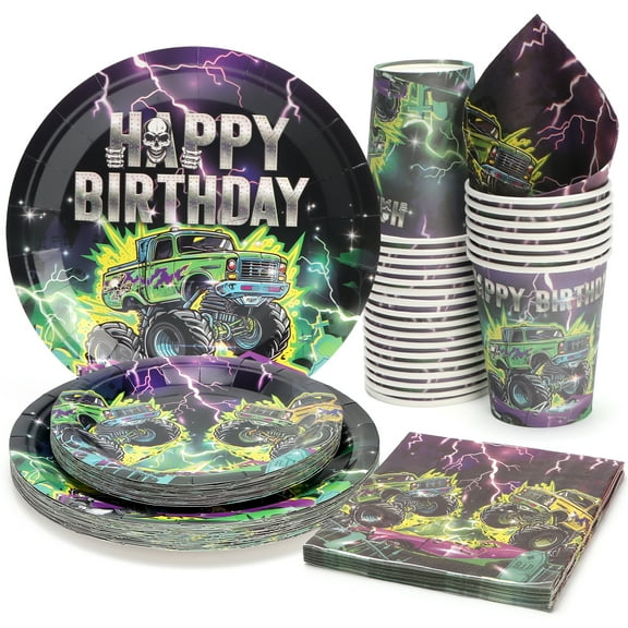 96 Pcs Party Plates, Monster Truck Birthday Paper Plates and Napkins and Cups Party Supplies for Monster Trcuck Theme Birthday for Kids, Serve for 24 Guests, Purple and Green