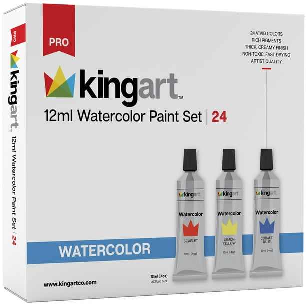 KINGART™ Artist Watercolor Paint, 12ml (.4oz), Set of 24 Unique Colors