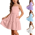 thumbnail image 1 of Tranfacy Robes d'Été pour Ados Mode Sans Manches Mode Mignonne Couleur Unie Bretelles à Volants Jupe à Étages Robe pour Préados, 1 of 7