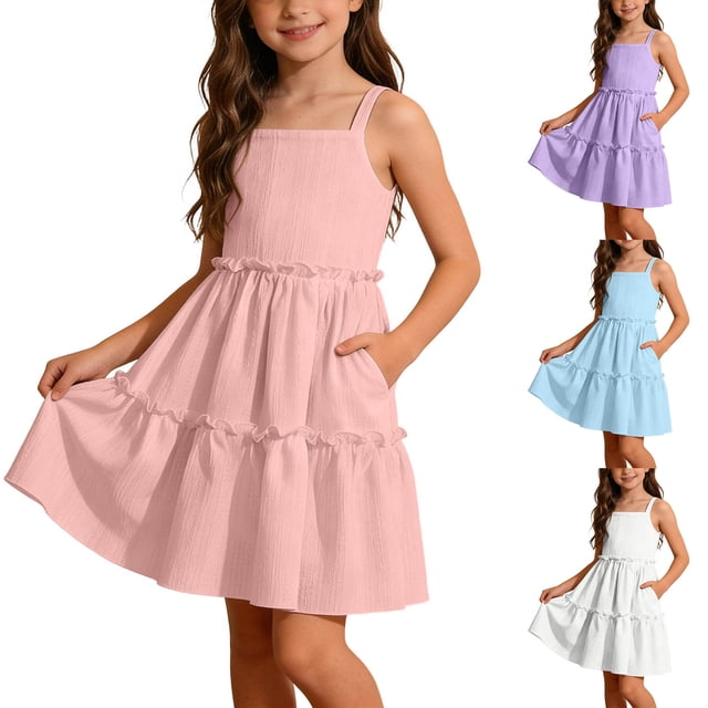 Tranfacy Robes d'Été pour Ados Mode Sans Manches Mode Mignonne Couleur Unie Bretelles à Volants Jupe à Étages Robe pour Préados