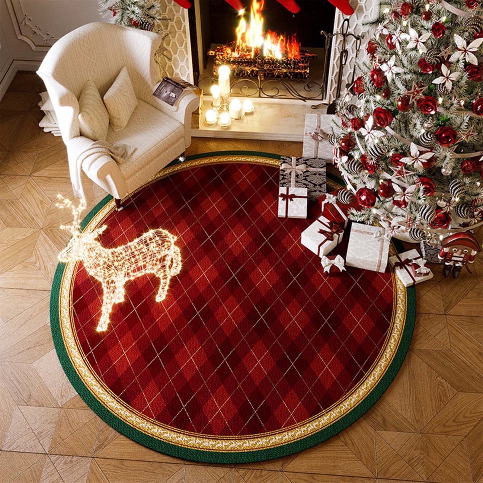 Christmas Tree Skirt, 48 Inches - Red And Gold Plush Mat With Snow Pattern, Soft Holiday Decor For Indoor/Outdoor