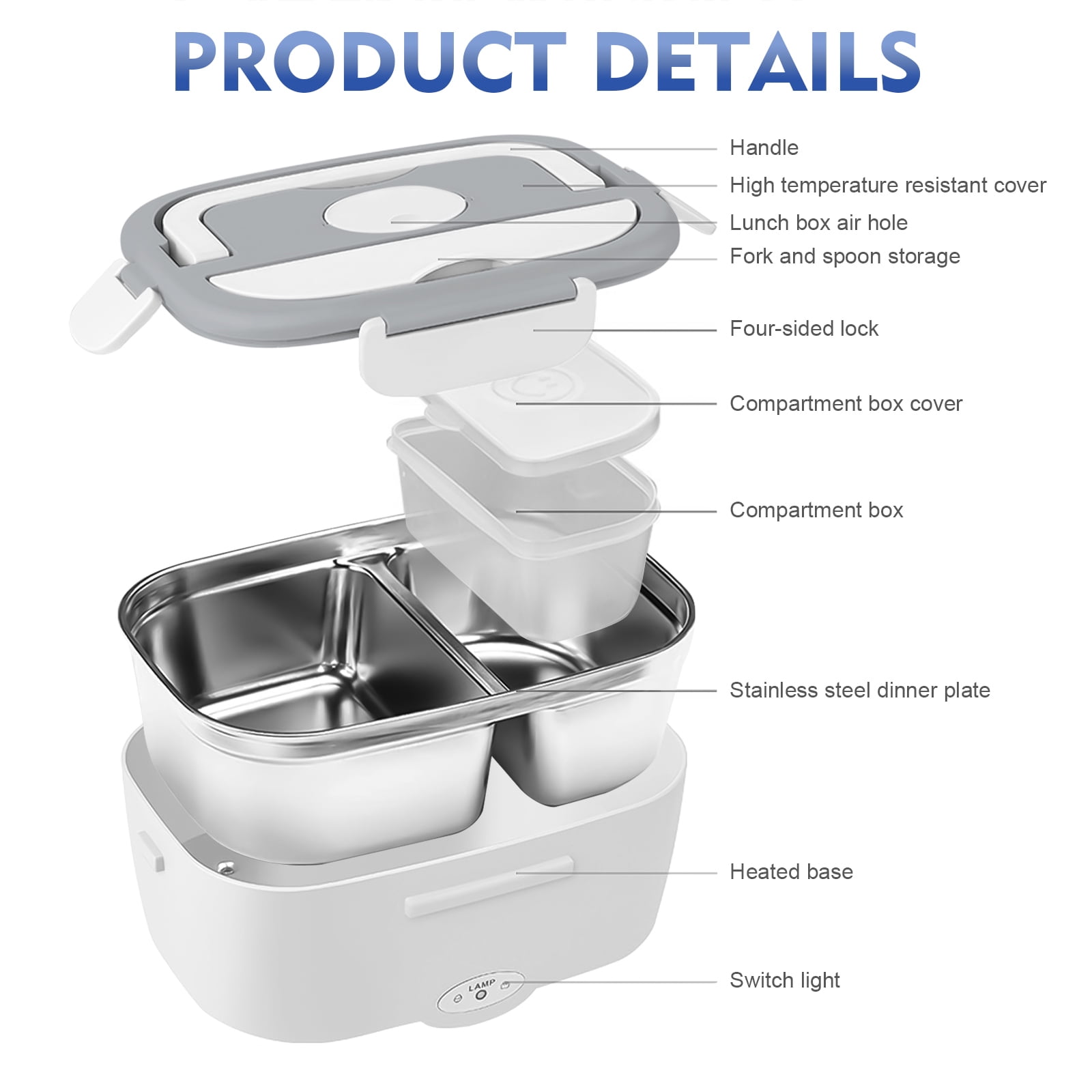 Electric Lunch Box -DFITO Fast 65W Food Heater 3-In-1 Portable Food Warmer Lunch Box W/Leak proof, 2 Compartments, Removable 304 Stainless Steel Container, Fork, Spoon and Carry Bag,White