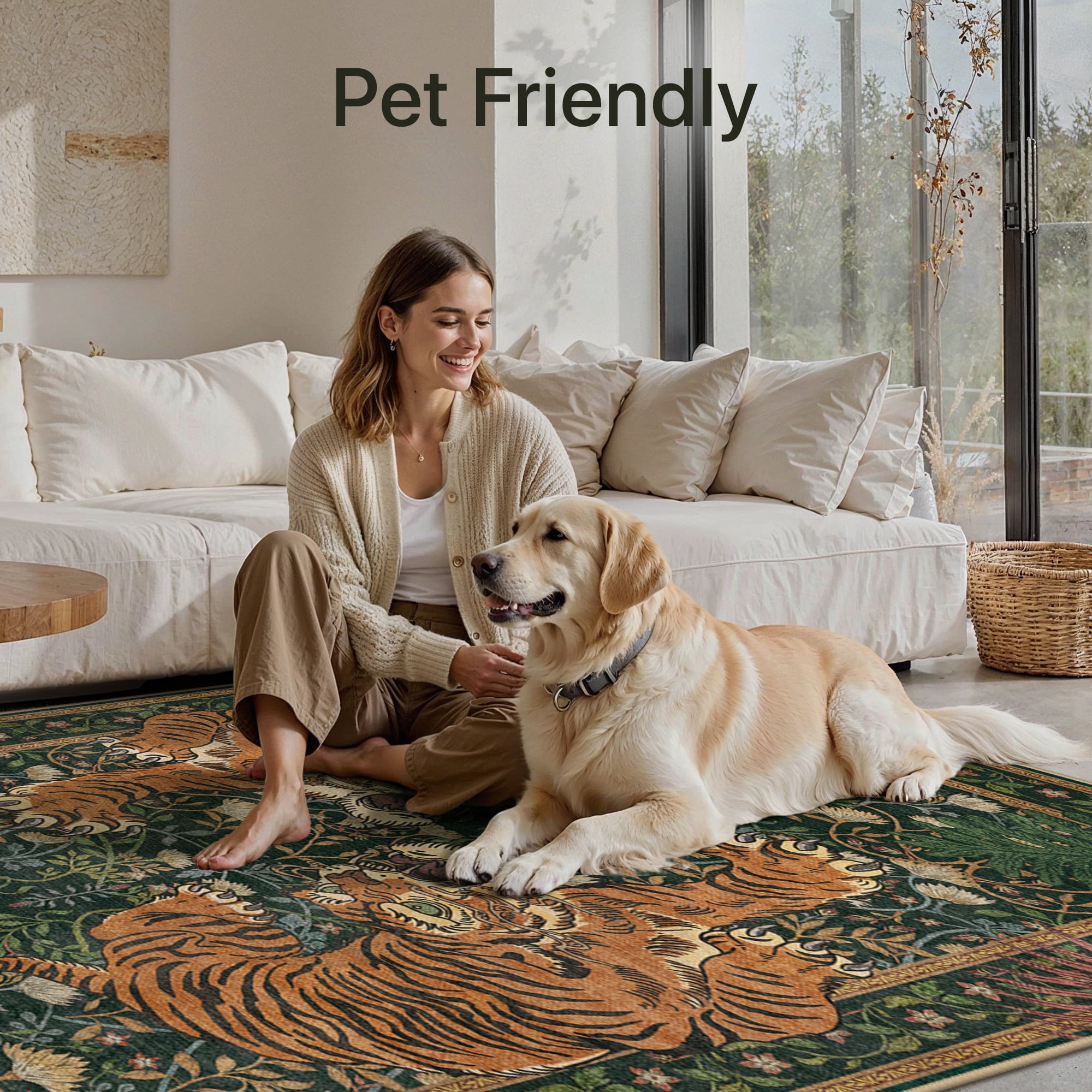 KUETH 5'x7' Tiger Area Rugs for Living Room, Non Slip Machine Washable Vintage Boho Rug, Low Pile Print Rug for Bedroom Dining Room Home Office