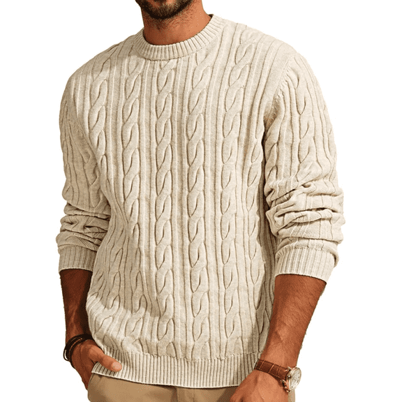 Olaglory Mens Sweater Crewneck Cable Knit Pullover Sweater Long Sleeve Casual Classic Twist Textured Sweaters, Apricot