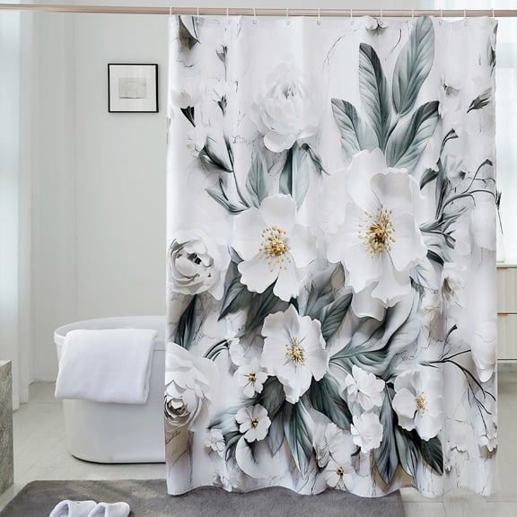 Elegant Floral Shower Curtain, Neutral Grey & White with Large Flower & Greenery Fabric Bathroom Decor, Waterproof & Washable Shower Curtain Set with Hooks, 72x72 Inch