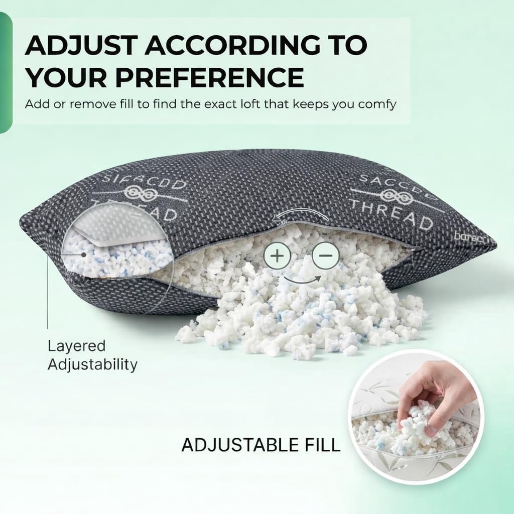 Sacred Thread Rayon Derived from Bamboo Cooling Pillow Filled with 100% Shredded Memory Foam. Adjustable Firmness. Rayon Derived from Bamboo Pillow (Grey) (2 Pack) (Queen)