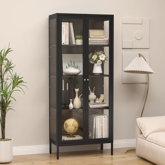 UNICOLY 66.1"H Glass Display Cabinet 4-Tier, Modern Display Cabinet with Glass Doors,Black