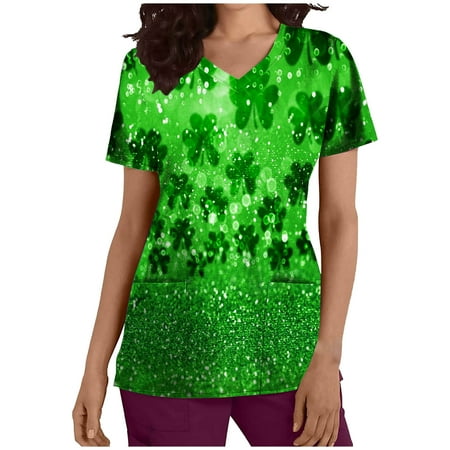 

St Patricks Day Scrub Tops for Women 2023 Irish Holiday Workwear Short Sleeve Mock Wrap V Neck Work Tops Dressy Blouse